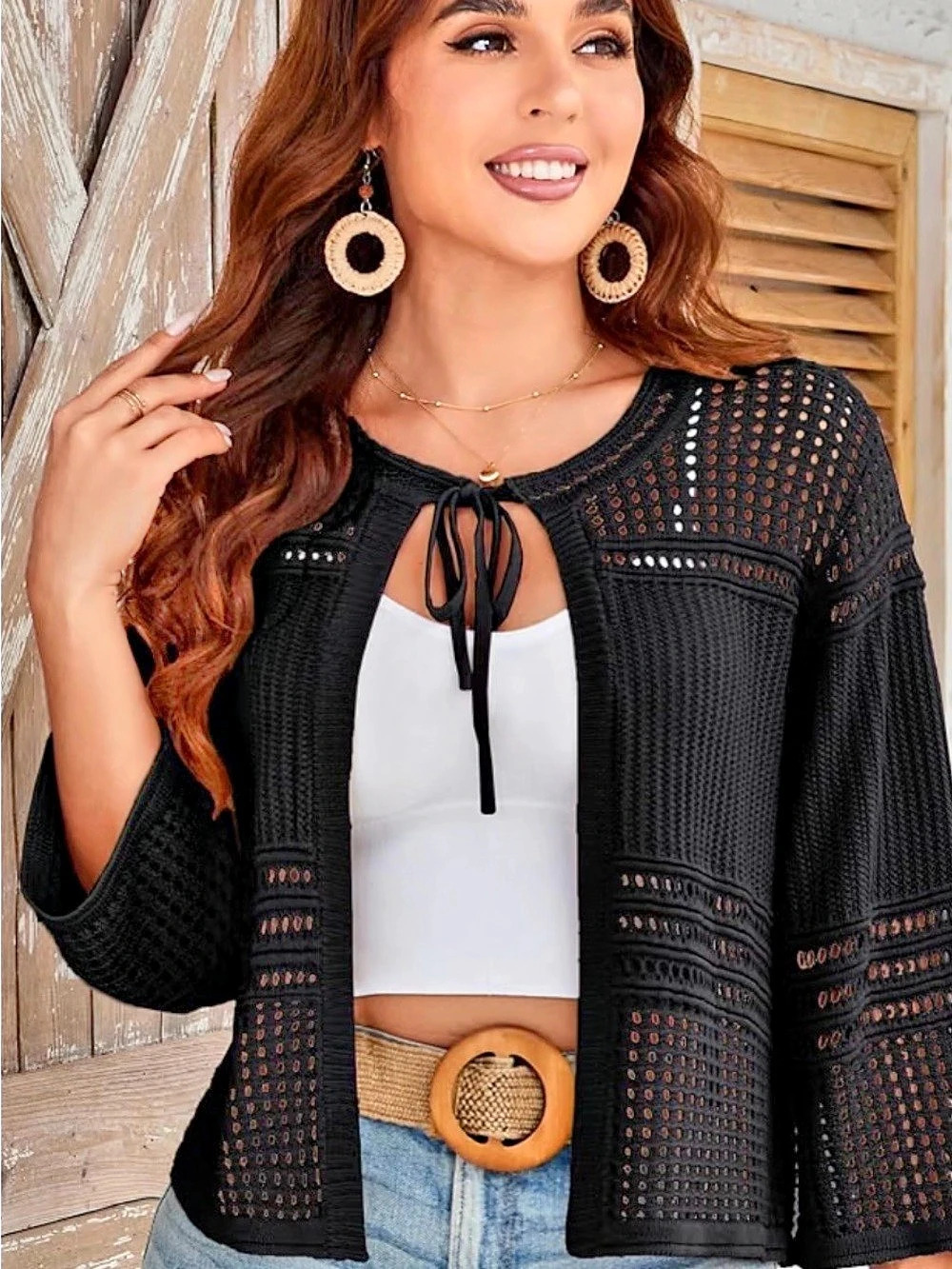Grace Karin 3/4 Sleeve Crochet Knit Cardigan Sweater Tie-Front Cardigan Bolero
